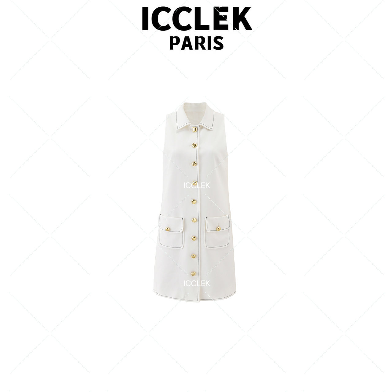 ICCLEK 翻领白色 联排扣名媛连衣裙 时尚 宽松 连衣裙-1371