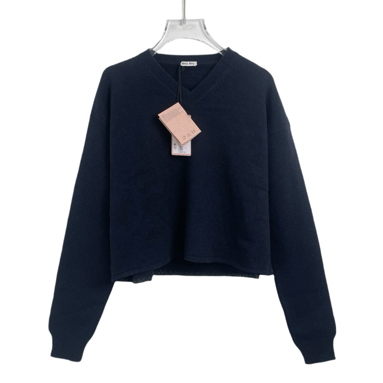 99新 MIU MIU/缪缪 001035 经典logo绵羊毛小V领毛衣蓝色 40码