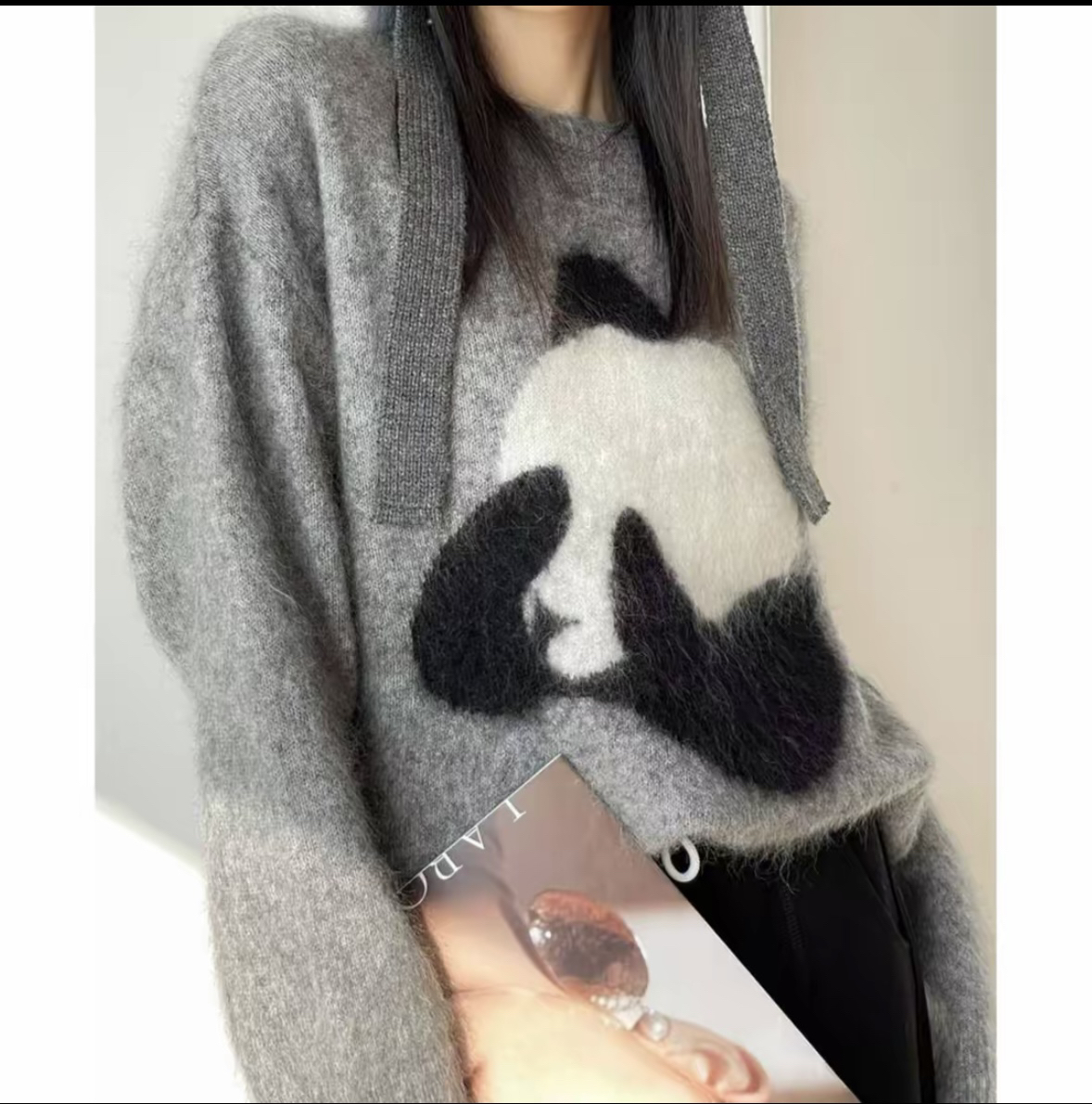熊猫情侣装提花2025秋冬新款时尚百搭圆领针织衫宽松套头毛衣女