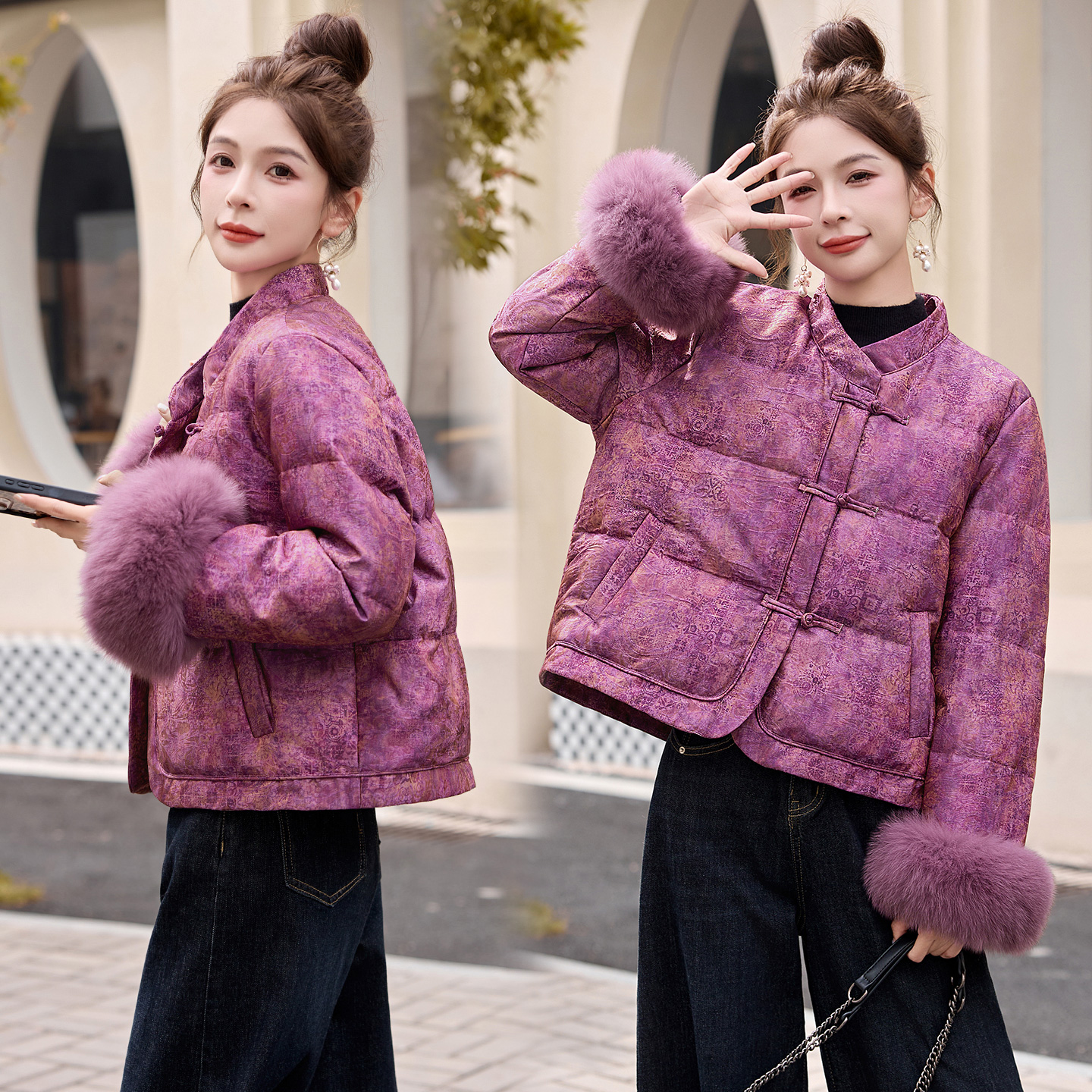 新中式国风复古提花羽绒服女2025冬季新款狐狸毛拼接白鸭绒短外套