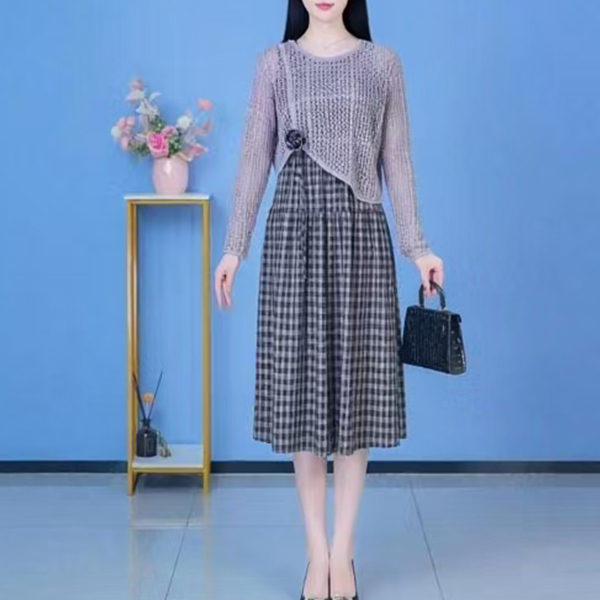 L5646早秋长袖两件套连衣裙2025秋新款高端妈妈显瘦时尚背心套装