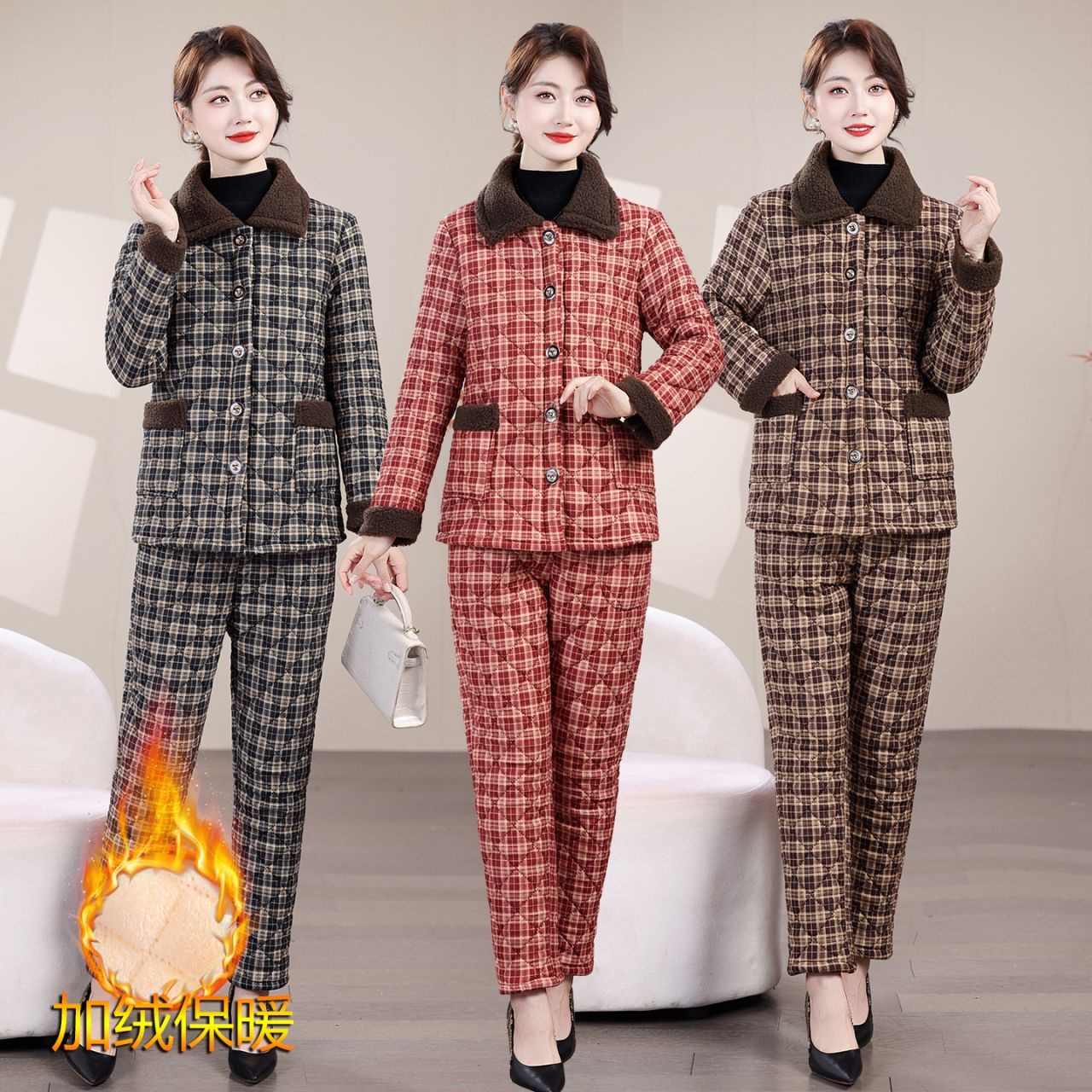 气质妈妈装中老年加绒加厚保暖秋冬冬季棉袄棉裤两件套