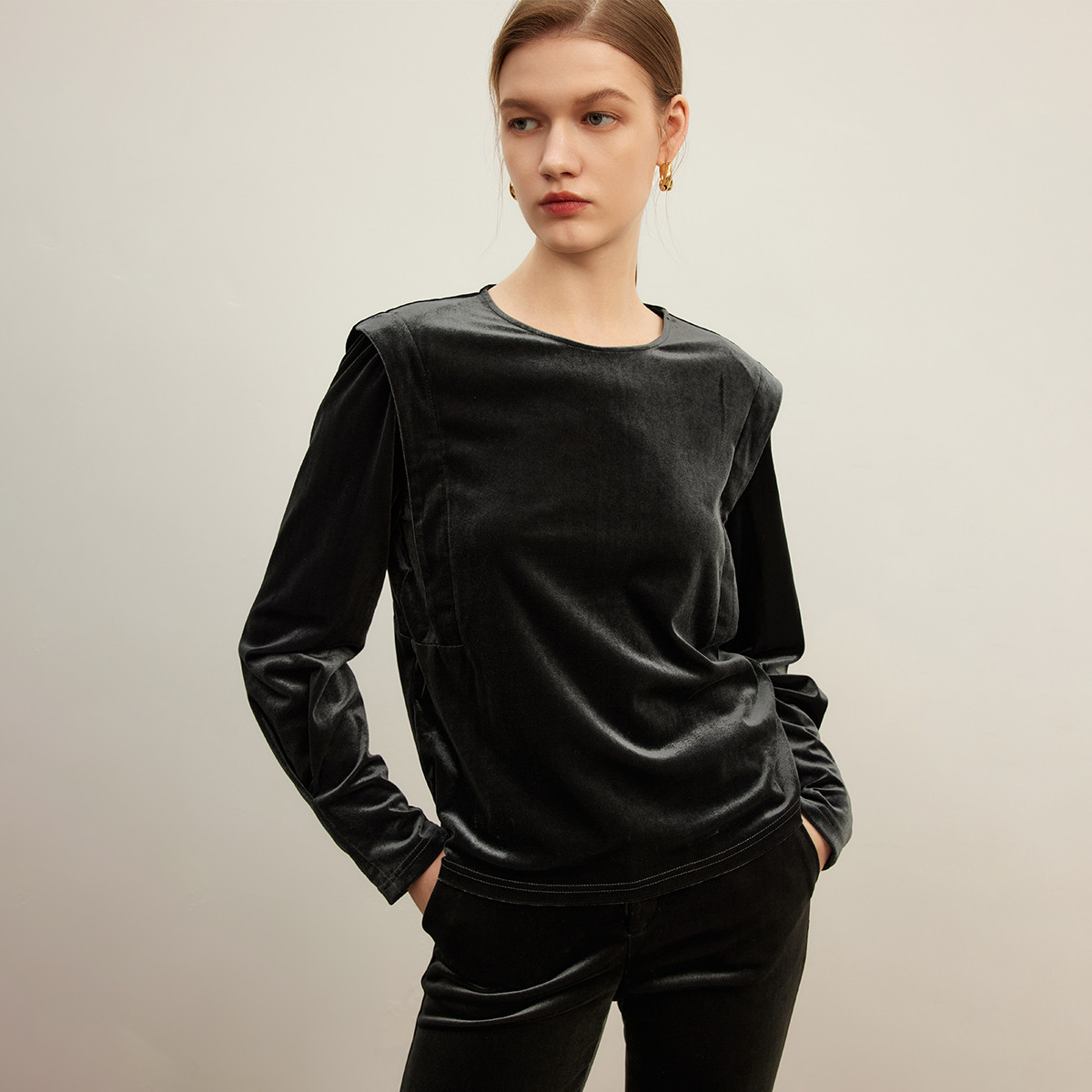 复古丝绒打底衫女秋季拼接设计百搭显瘦长袖上衣Y330628