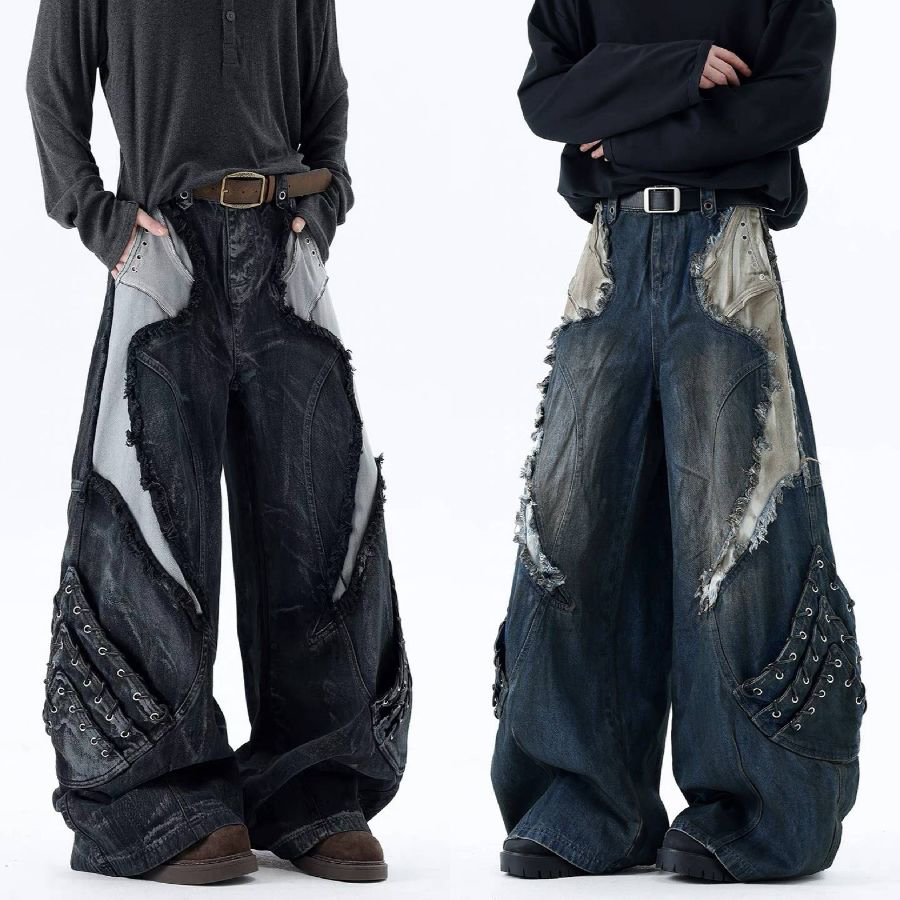 废土风解构拼接牛仔裤男女重工做旧美式痞帅高街潮牌阔腿长裤潮