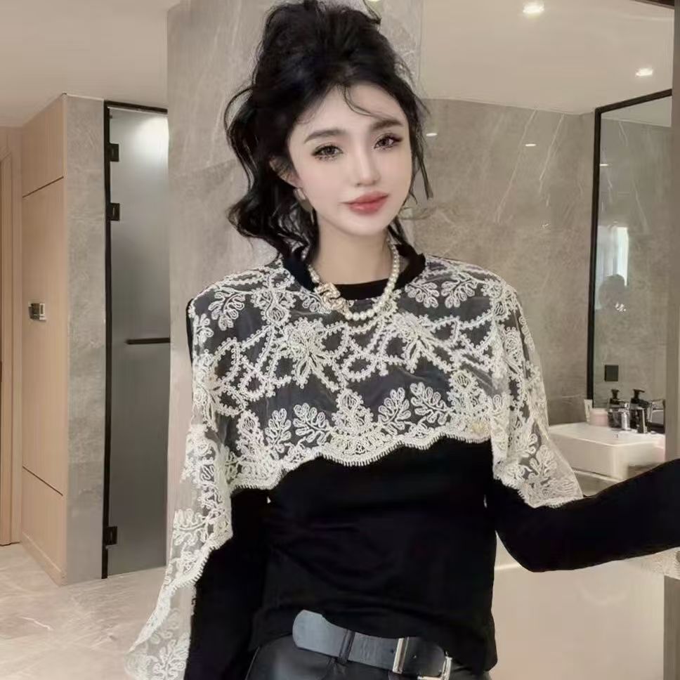 欧货时尚设计感蕾丝拼接长袖T恤女新款百搭洋气减龄气质上衣