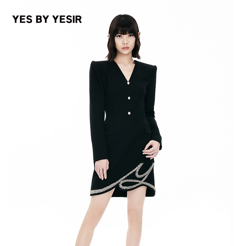 YES BY YESIR叶谦设计师品牌Y心思珠绣法式复古气质马甲连衣裙