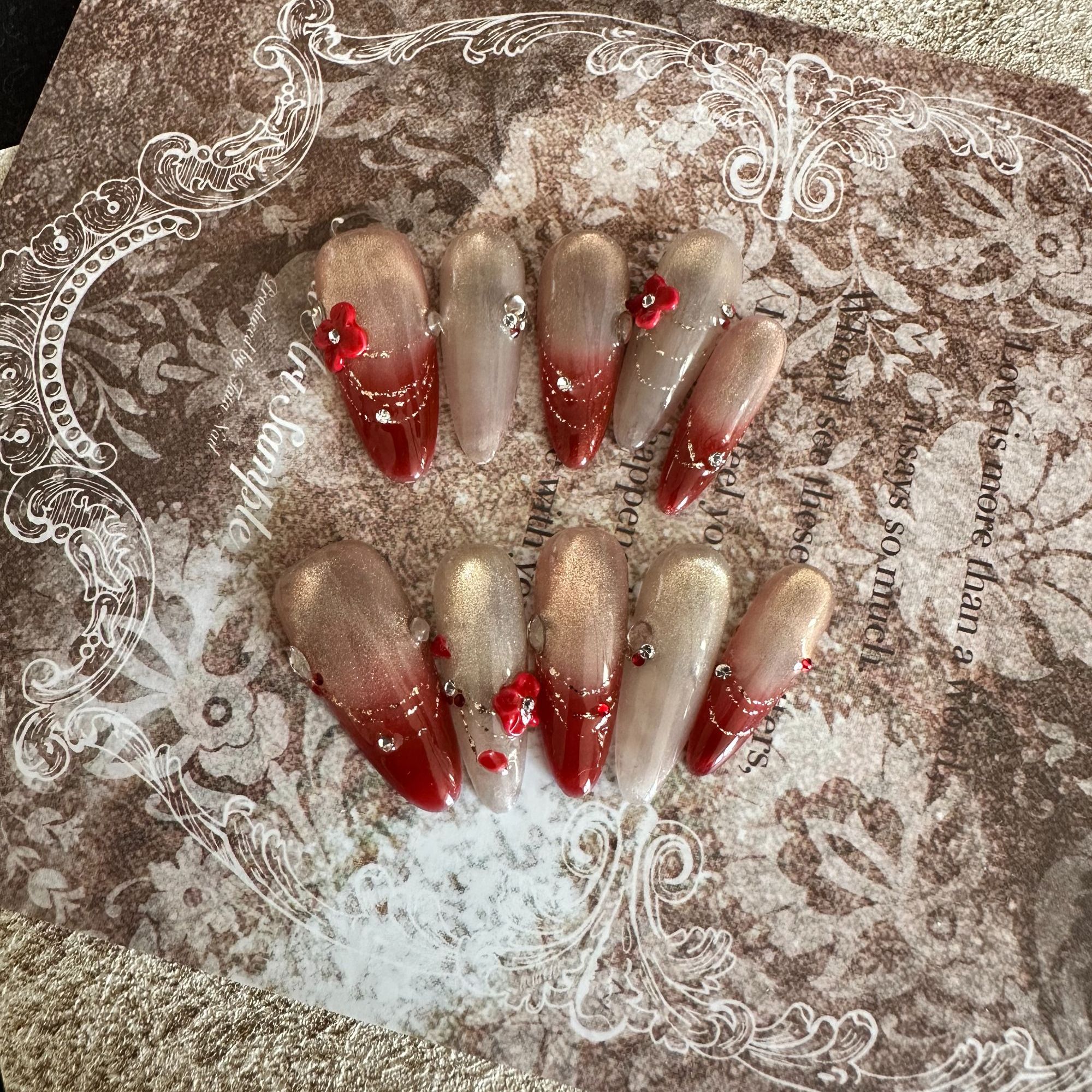 新年款 渐变高级红显白穿戴甲