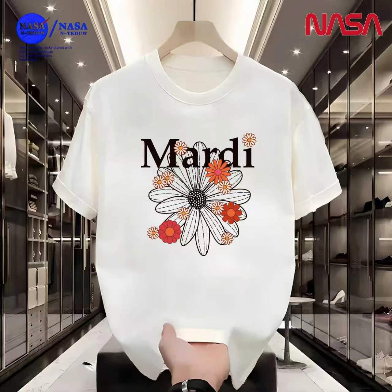 D16NASA联名重磅T恤新款男女同款时尚百搭圆领短袖【M花】A-086