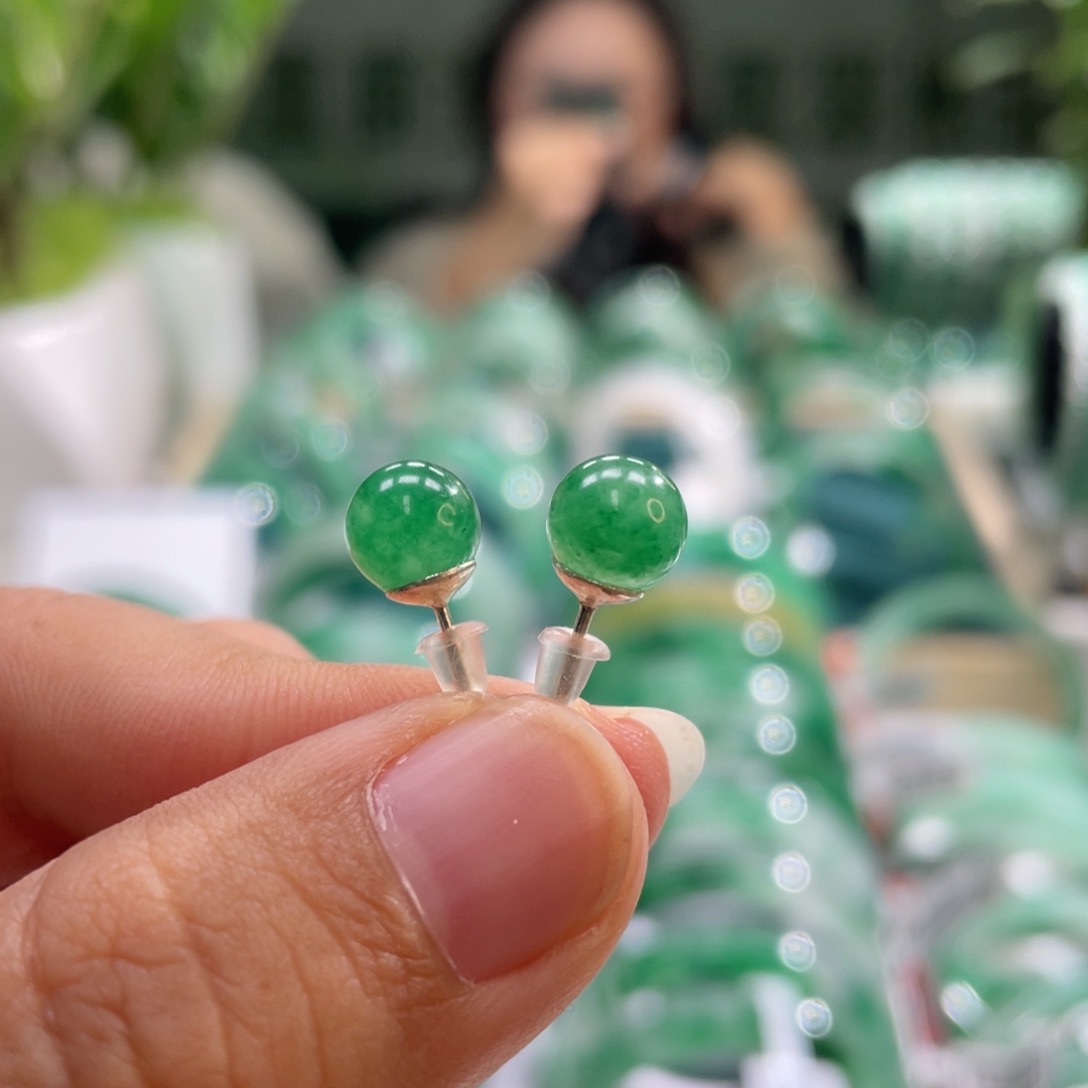 石英质玉耳钉银S925镶嵌