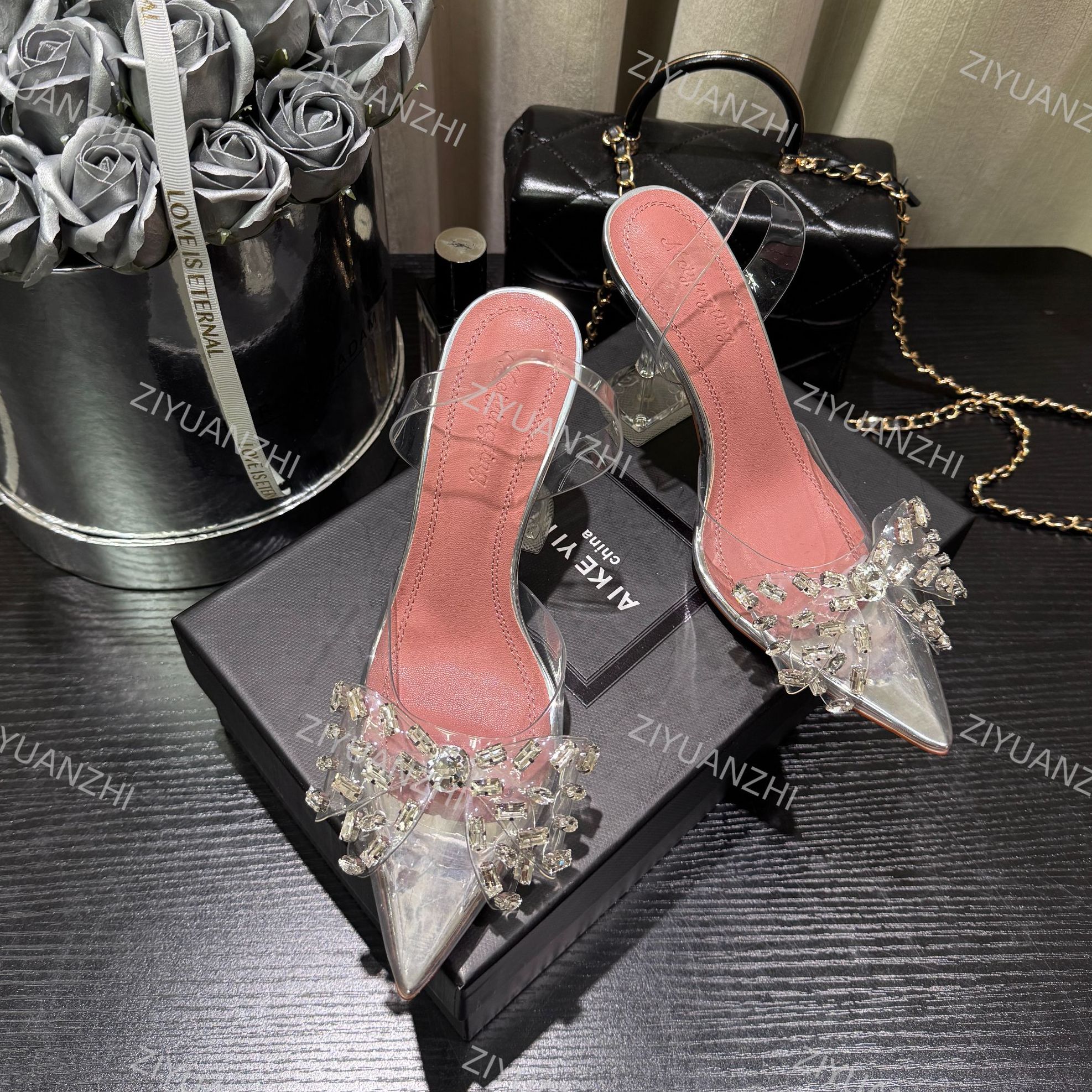 【真诚缘家】透明网钻蝴蝶结水钻高跟鞋仙女风尖头水晶凉鞋银色婚鞋