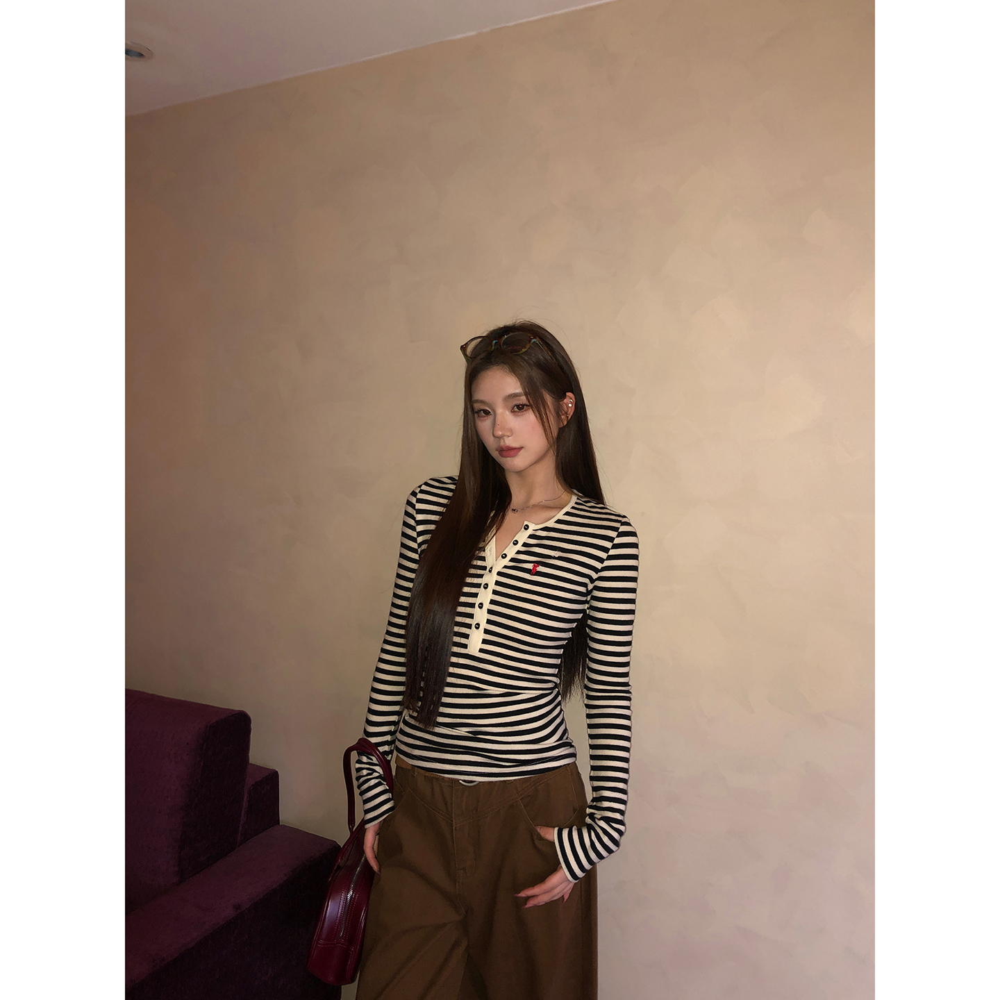 【HRG】条纹长袖美式纽扣辣妹上衣设计感百搭T恤254T4406#