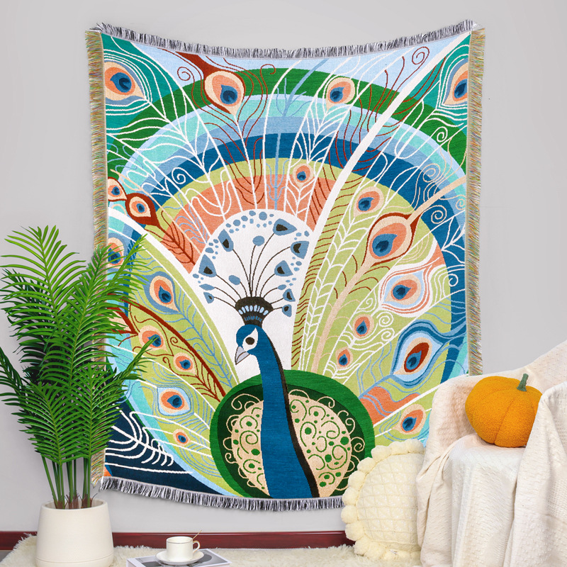 外贸民族风棉线编织流苏双面线毯装饰沙发盖布桌布挂毯民宿床尾毯