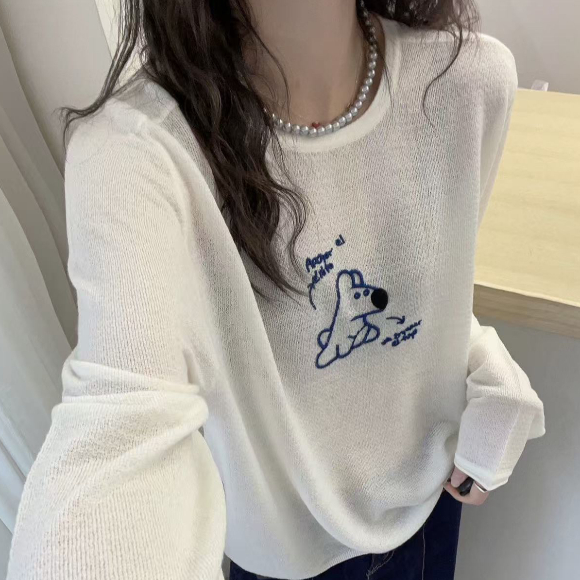 水溶刺绣小狗羊毛针织衫女2025早秋韩版宽松显瘦减龄气质上衣4568