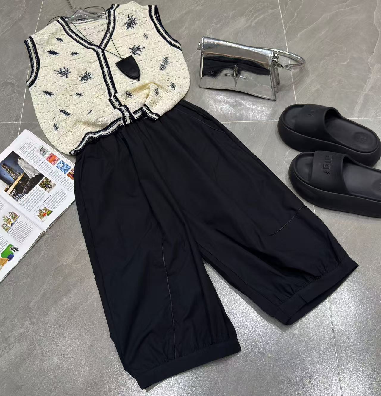 Z.X   设计款拼接松紧腰七分灯笼裤  33319（K4）