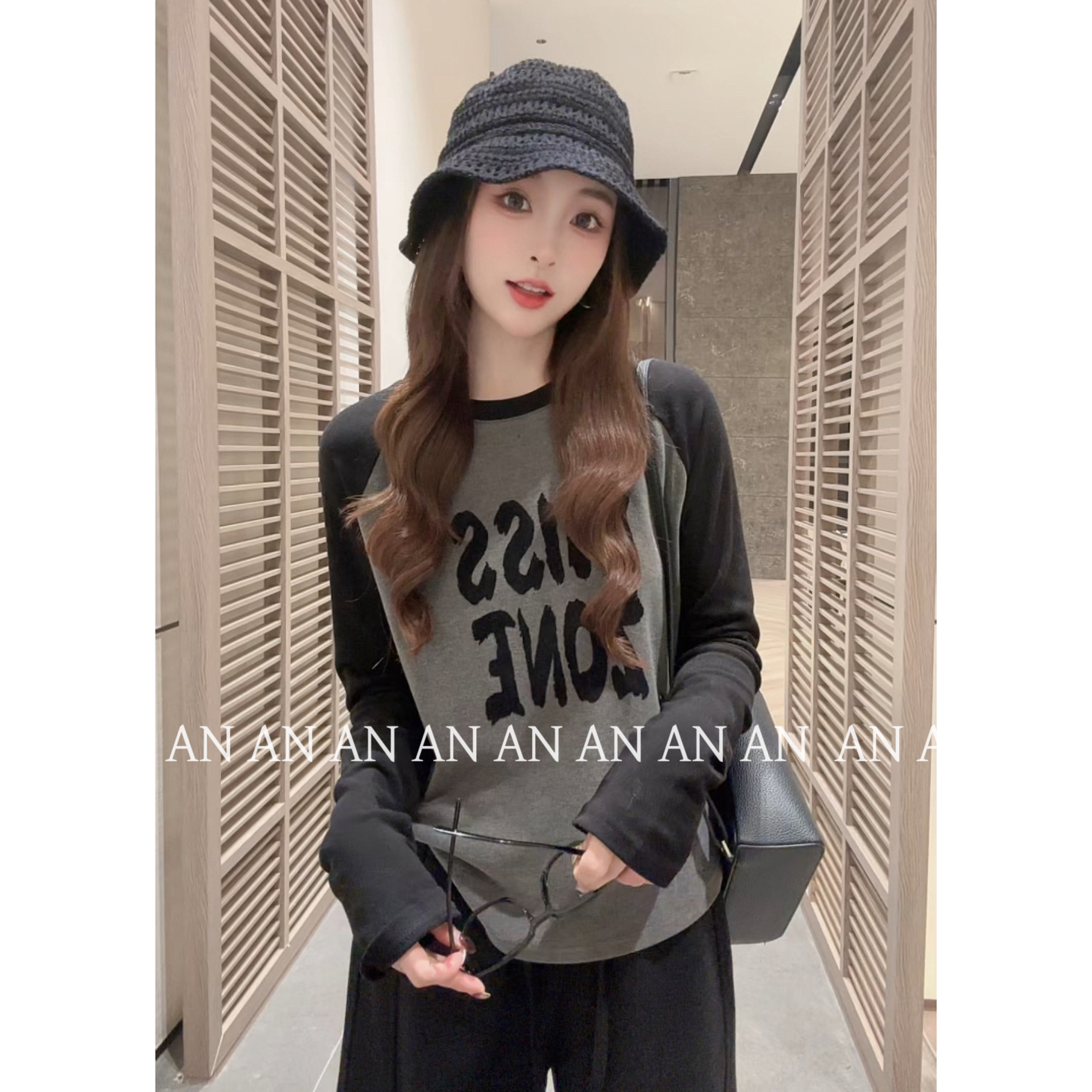 C09501美式复古宽松洋气小个子撞色插肩袖字母印花T恤