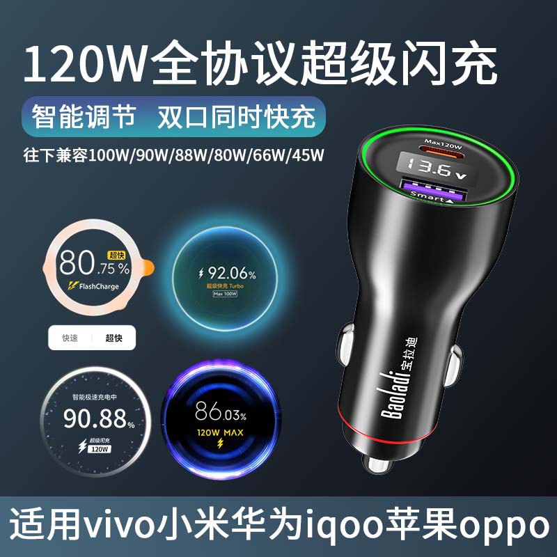 120W宝拉迪车载快充适用VivoiQOO华为OPPO一加荣耀超级闪充车充头