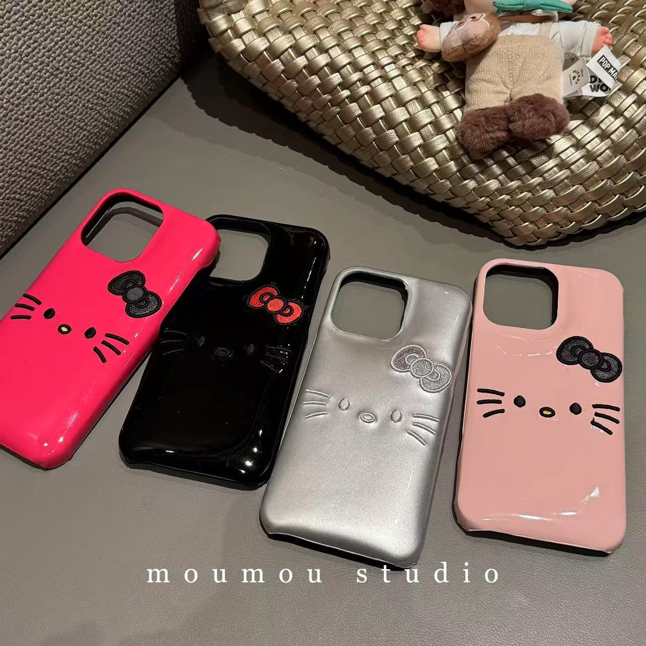 韩系ins纯色皮质猫咪表情适用iPhone16promax15手机壳14新款防摔