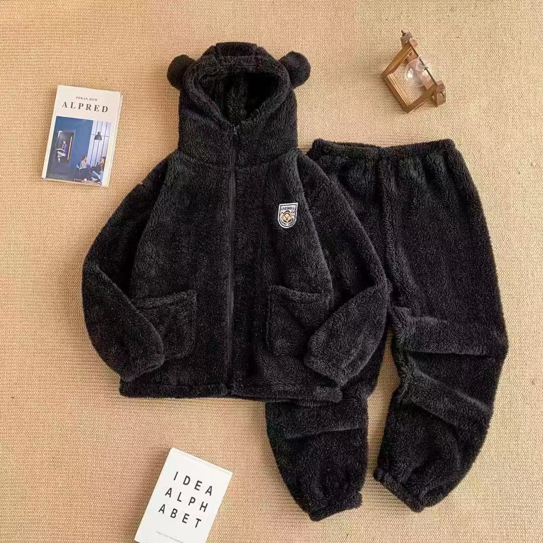 可外穿加绒加厚奥利绒简约睡衣立领休闲纯色拉链套装运动家居服