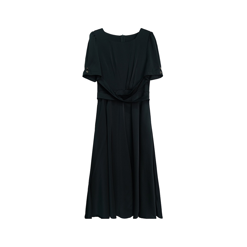 E3056【上新】法式轻优雅黑色交叉腰带方领短袖连衣裙