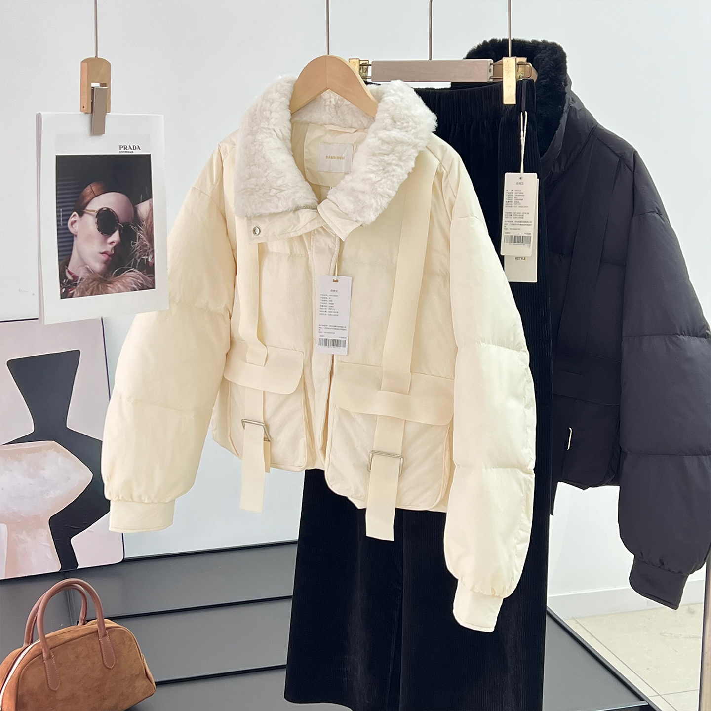 小个子必冲！85白鸭绒~时尚减龄款立领毛毛拼接短款羽绒服上衣