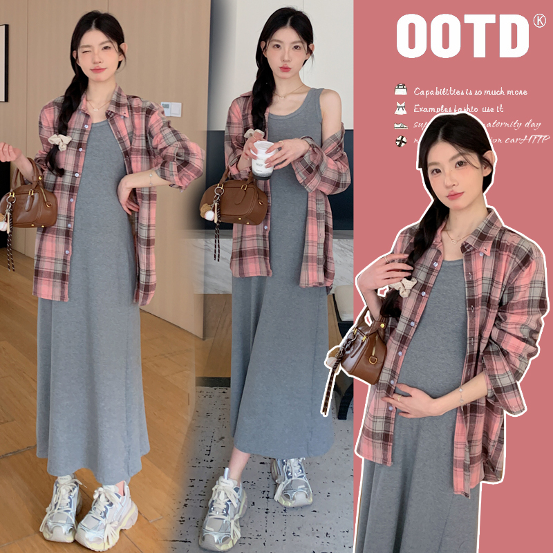 孕妇装春装2025春季新品韩版休闲格子衬衫宽松慵懒背心吊带连衣裙