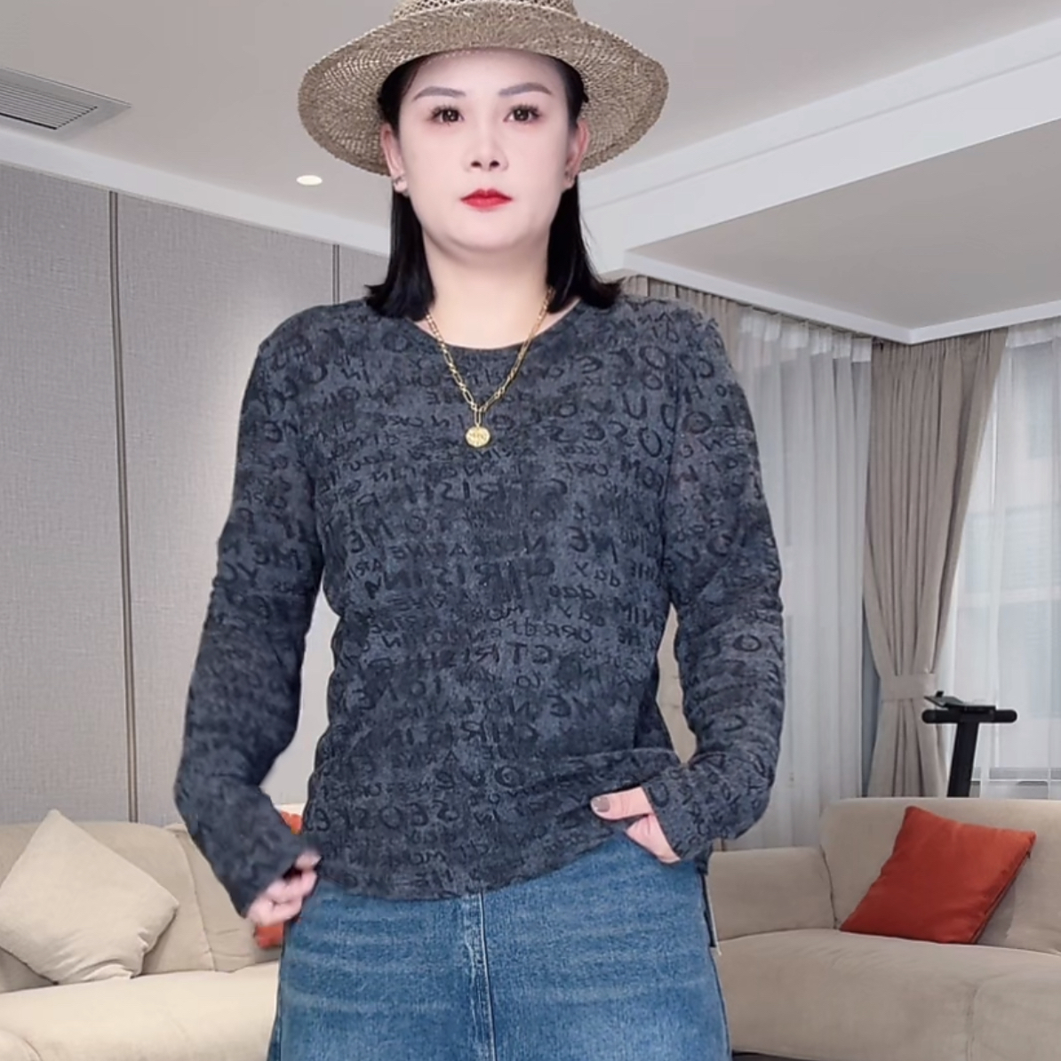 烫钻水墨国风3D立体水溶印花圆领长袖T恤秋季微胖透气洋气小衫.