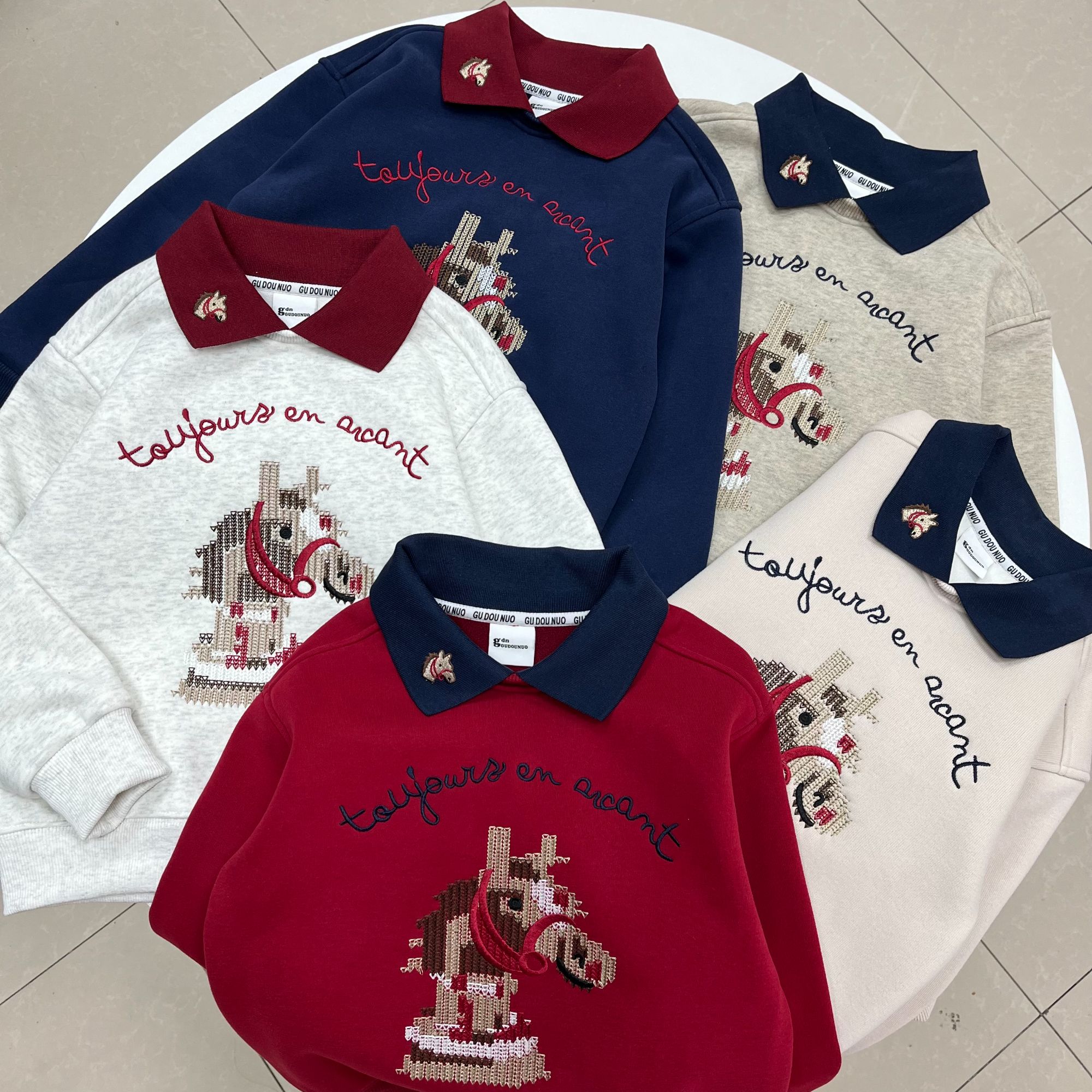 POLO领撞色 加绒加厚 重工刺绣  冬季保暖卫衣亲子上衣 男童女童