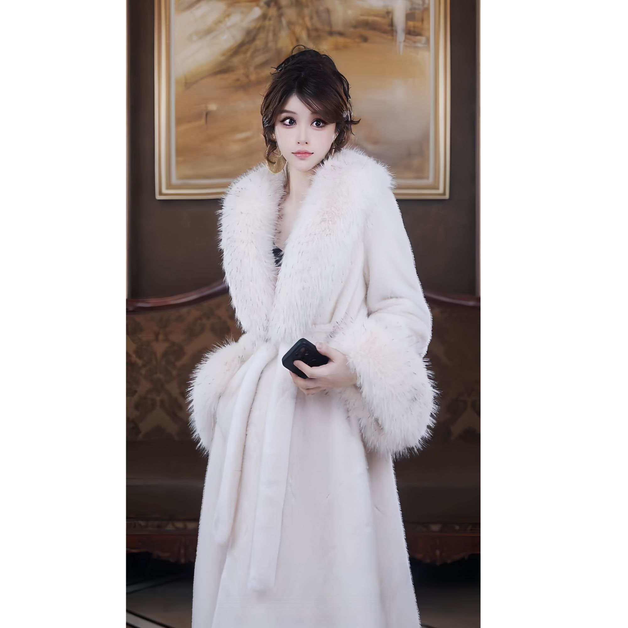 MM原创设计法式高奢气质秋冬新款白色大毛领毛毛外套