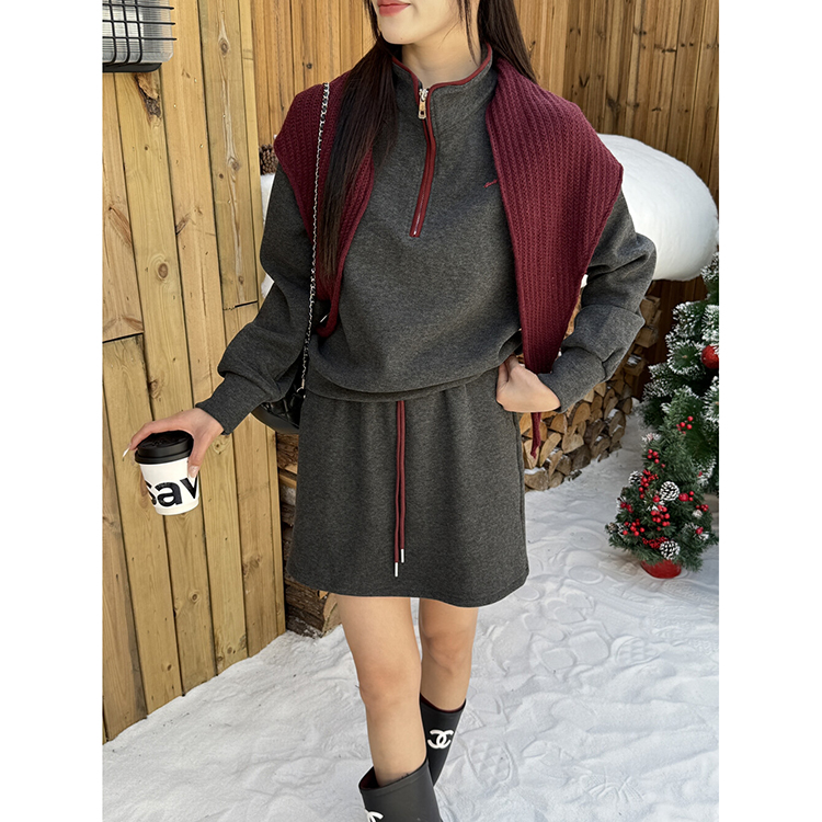 秋冬新款加绒立领卫衣+抽绳半身裙套装 6171