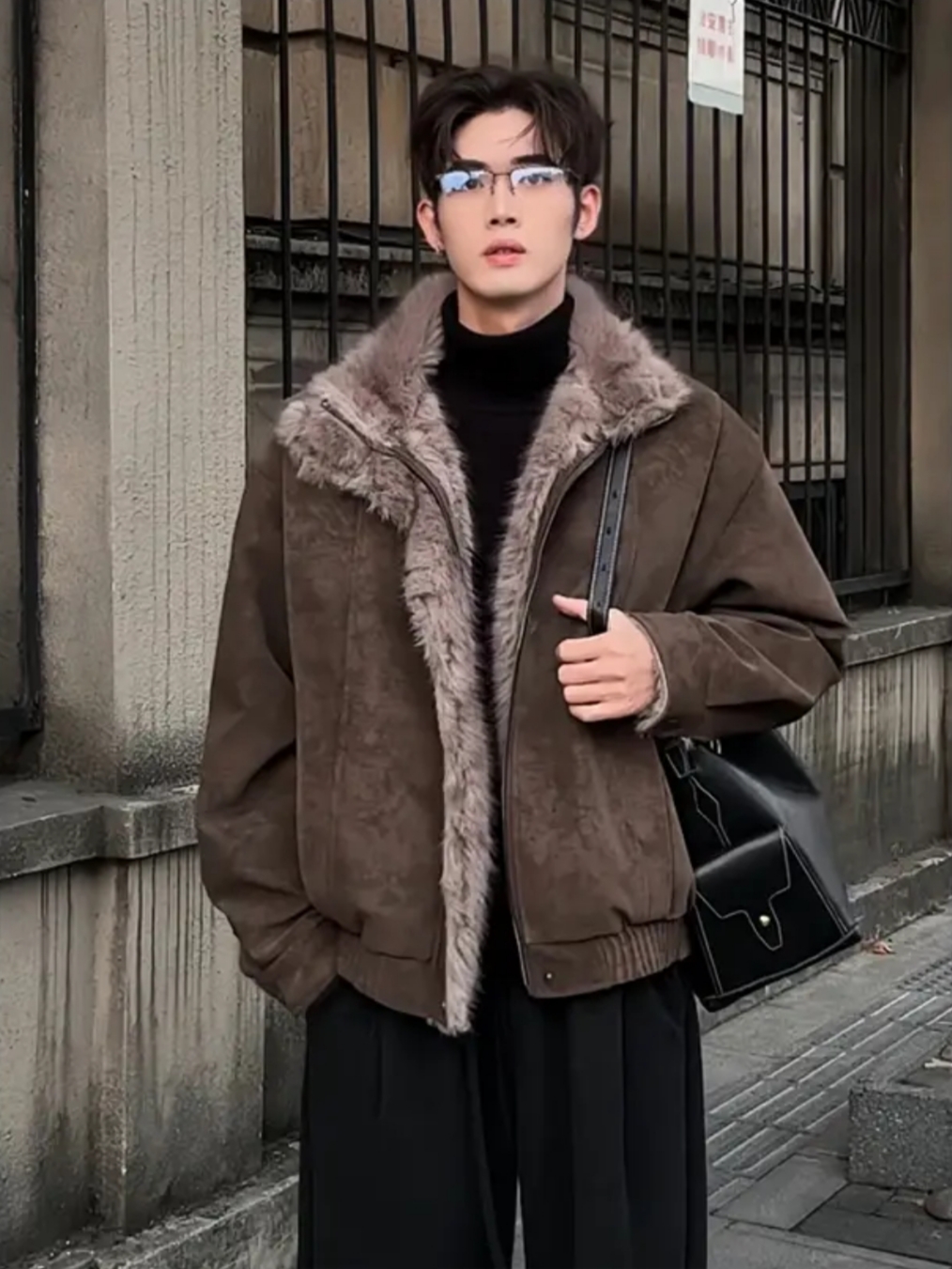 8237 美式复古座山雕毛领PU皮棉服外套男冬季款棉衣潮牌加绒