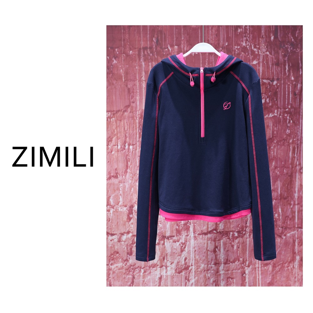 【LIANG哥女装】2024秀场同款藏蓝色拼色假两件高弹连帽上衣/5678