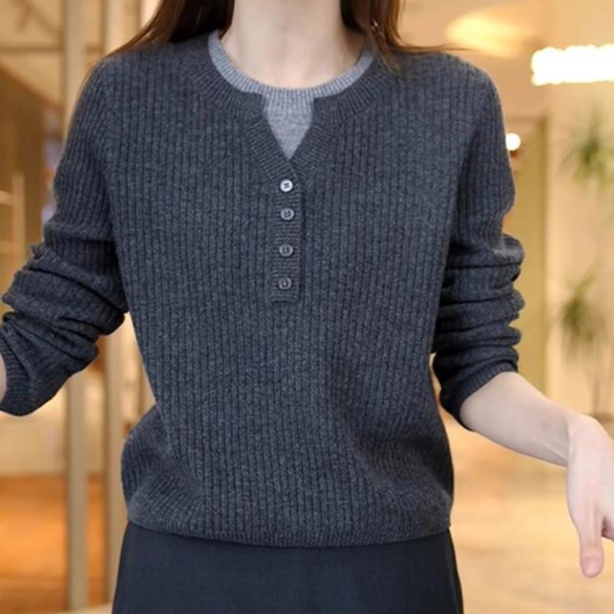 灰色半开领针织打底衫女叠穿秋冬新款内搭假两件毛衣套头