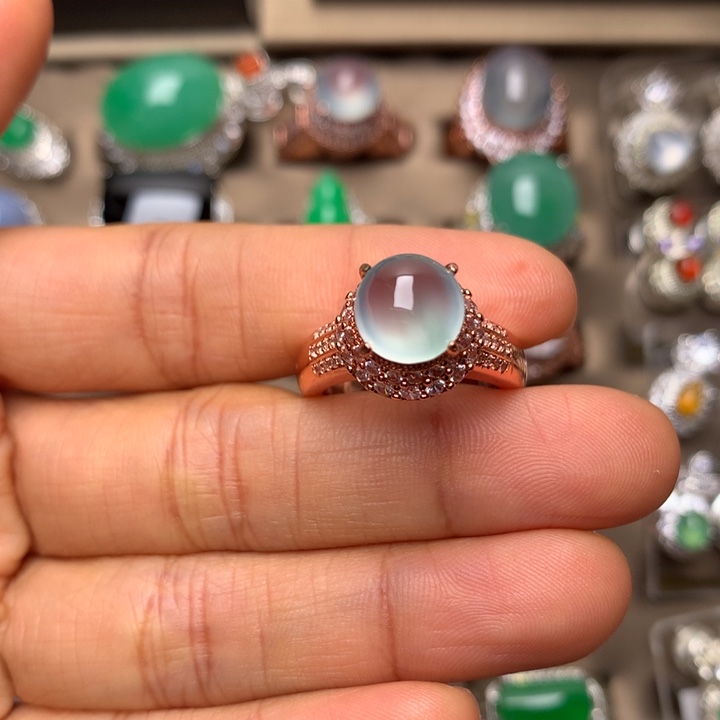 翡翠合金戒指高冰波晴蓝双眼皮刚蛋