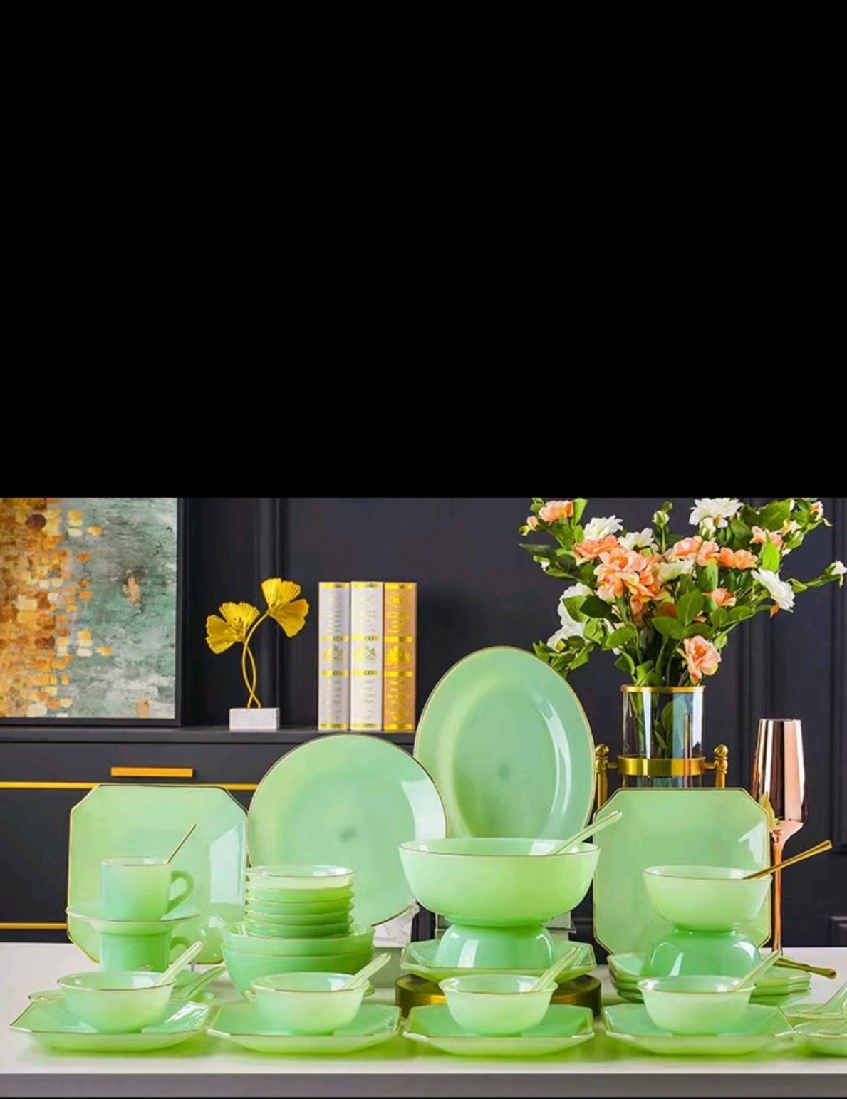 玉瓷轻奢绿玉瓷套52件套