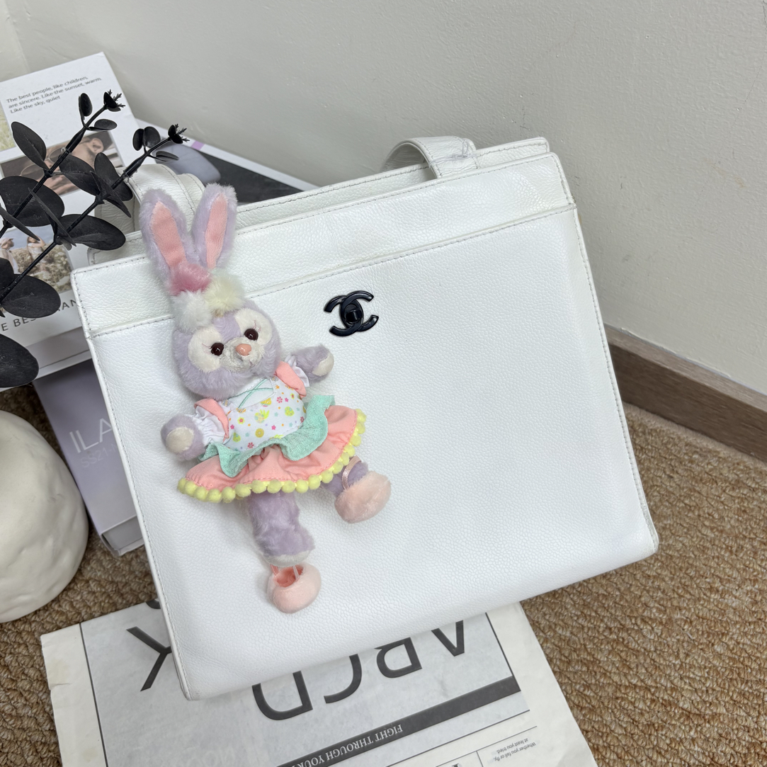 95新 Chanel/香奈儿 白色黑扣荔枝纹单肩包