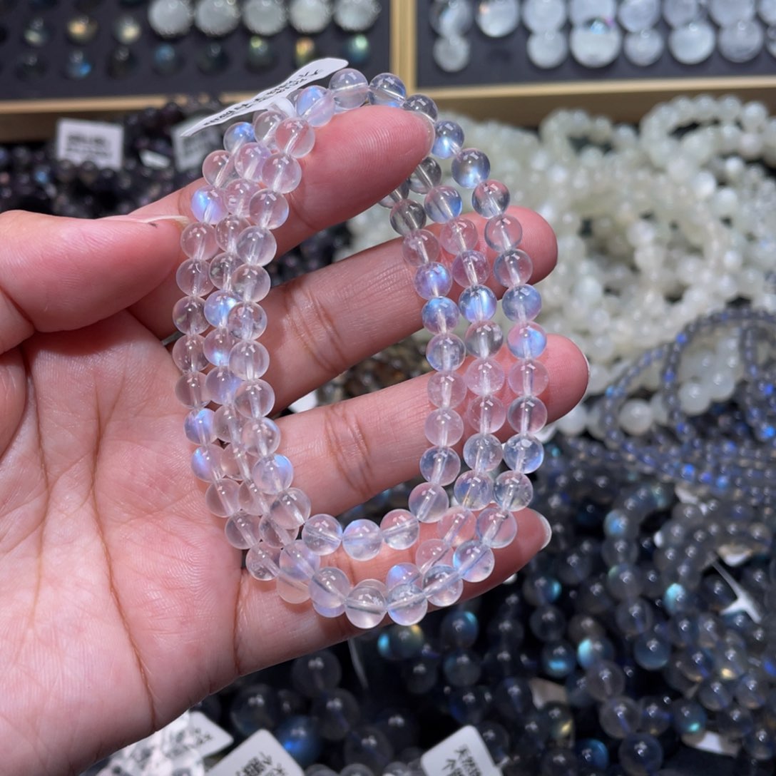 月光石手链未镶嵌沐****熹蓝月光手链多圈6mm