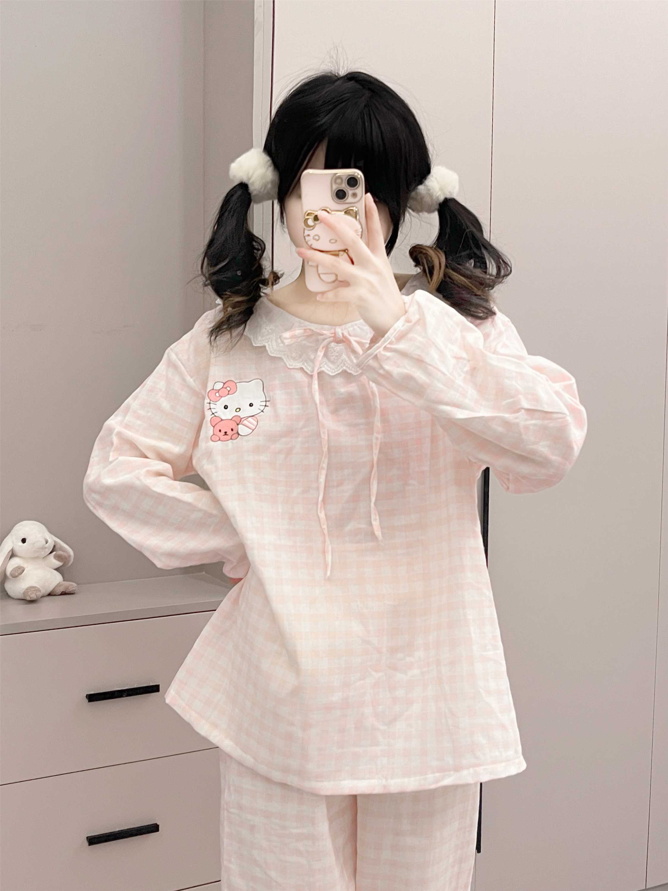 粉格kt娃娃领甜美女春秋长袖长裤纯棉少女卡通睡衣可爱家居服套装