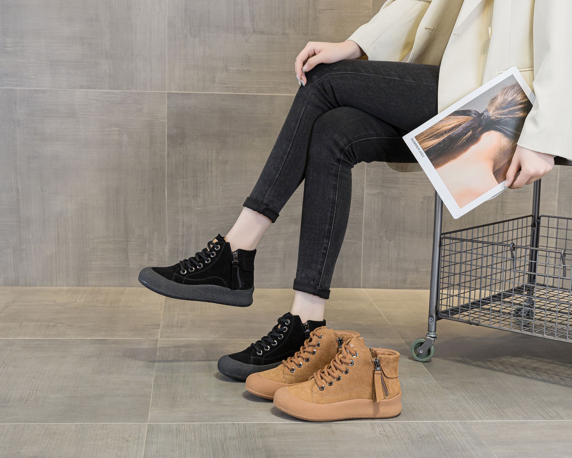 日式透气中跟平跟圆头拼色高帮鞋百搭时尚运动高帮