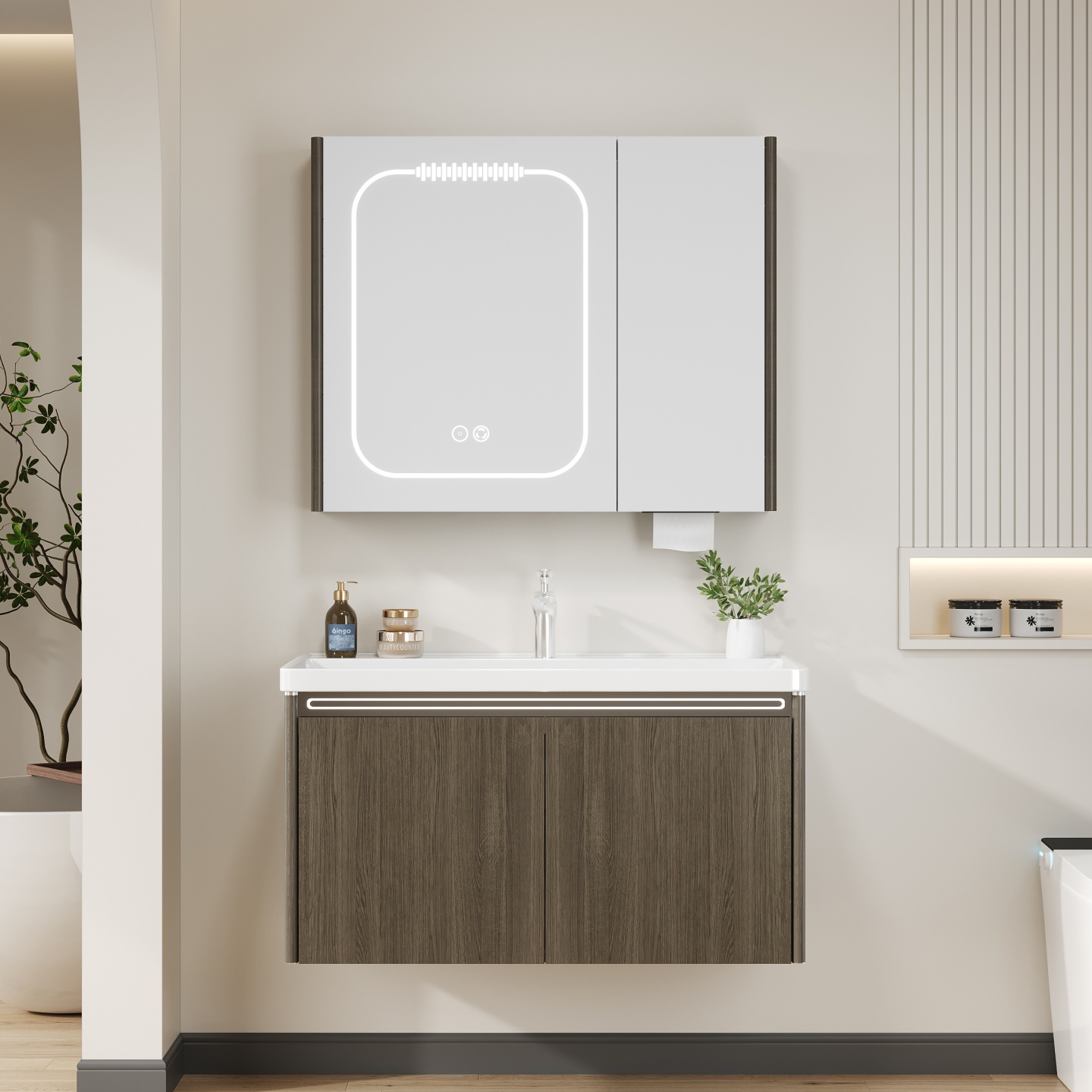 美雅斯S1高级玛卡灰胡桃木不锈钢浴室柜海洋盆全封智能镜柜