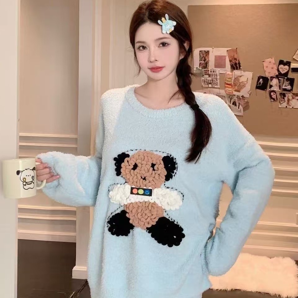 0021 秋冬可爱少女风半边绒暖睡衣套装