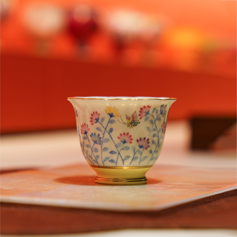 华隐堂  【松花黄】蝶恋花花口杯  茶具中式茶道手作纯手工陶瓷