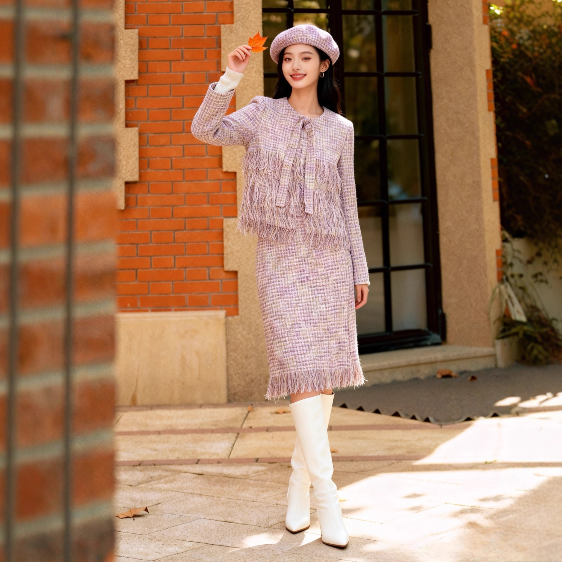 温情名媛丨新款小香风彩色粗花呢法式流苏亮片外套女+半身裙1145