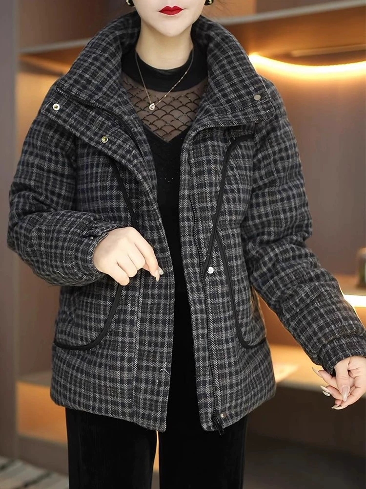 新秋冬复古格纹保暖棉服上衣女时尚新款女装C洋气立领短款外套