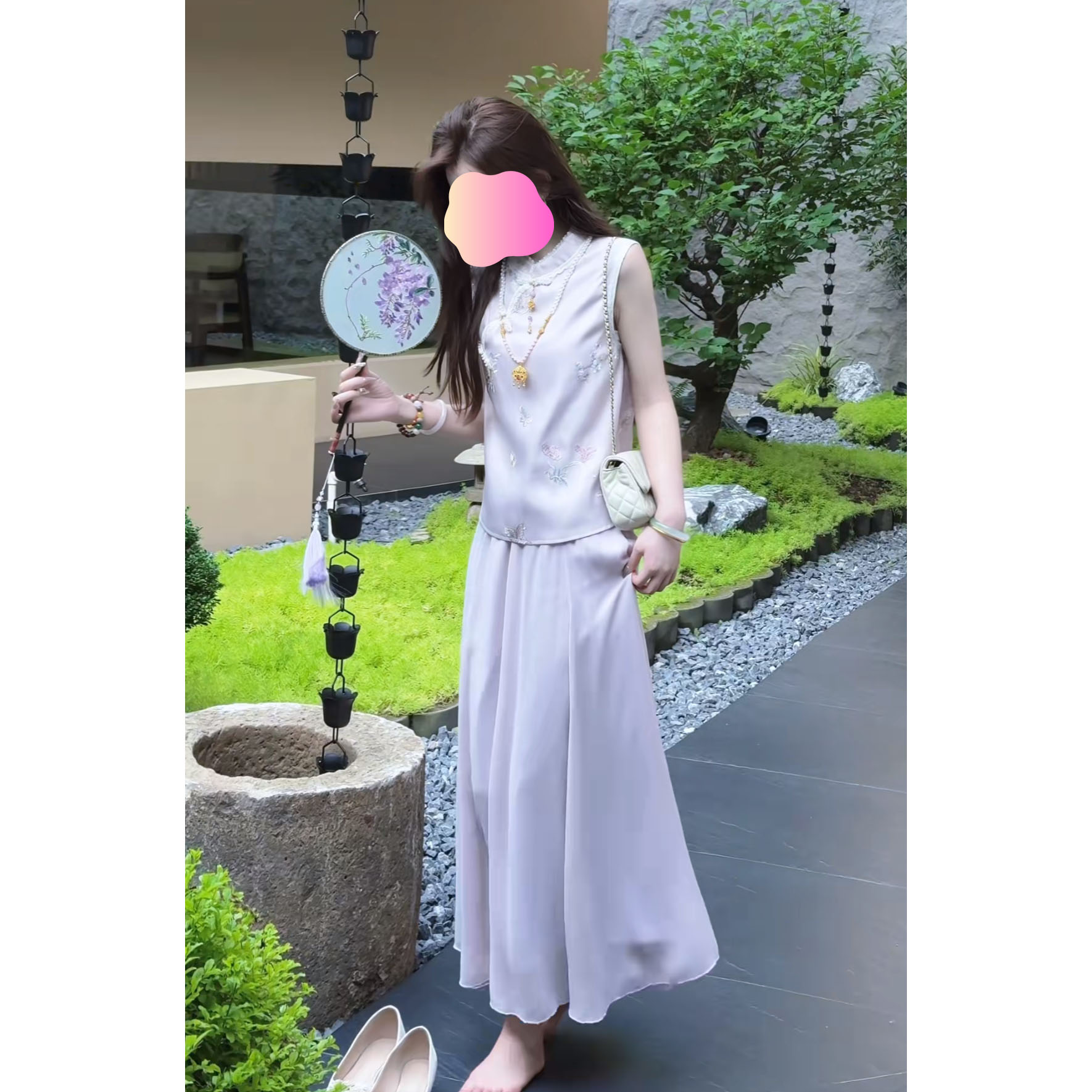 2025年夏季新中式无袖背心上衣+清凉感半身裙两件套装女