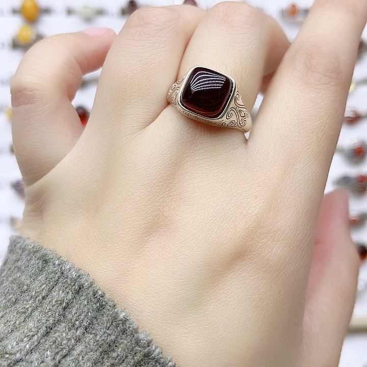 血珀戒指银S925镶嵌天然