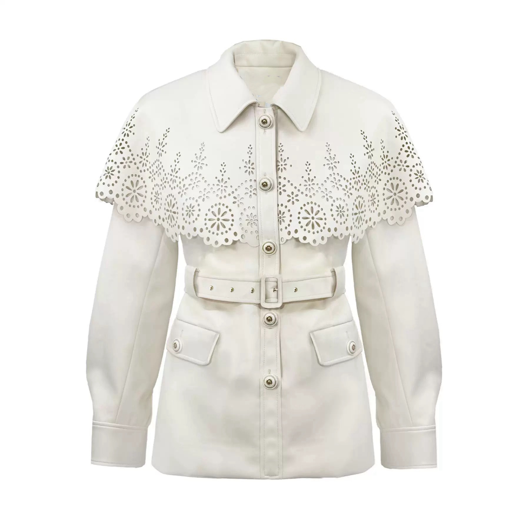 花颜颜姜qq镂空激光切割翻领收腰皮外套短款白色气质小香风汉服