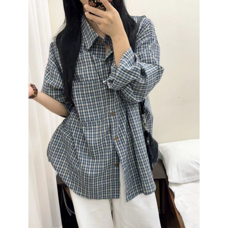 美拉德复古格子撞色长袖衬衫女2025年早春新款设计感小众宽松外驰