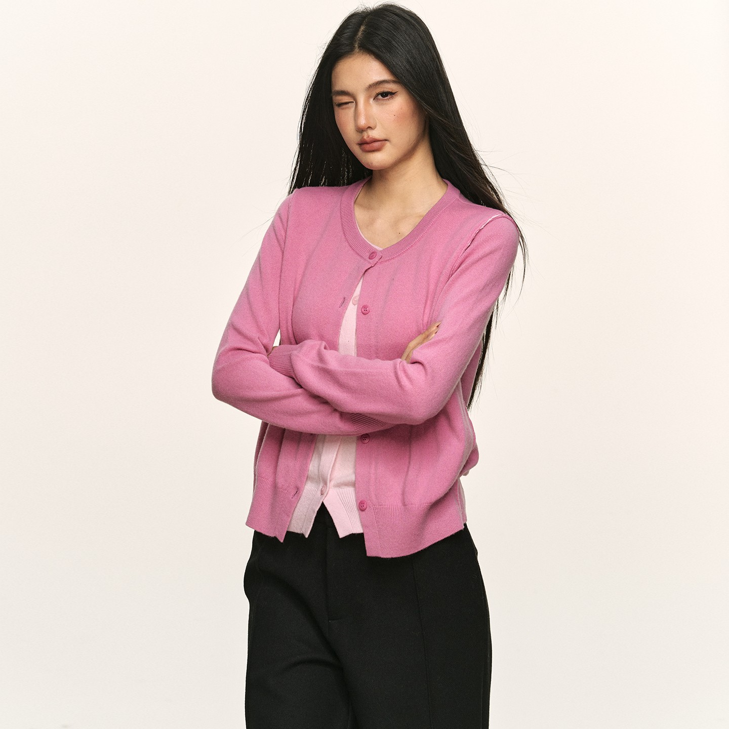 anna aneae羊毛假两件针织开衫女秋冬季独特圆领拼接修身短款上衣