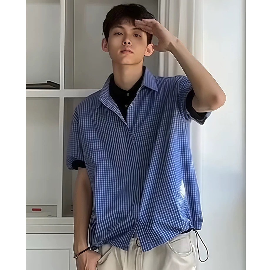 夏季休闲蓝色格子短袖衬衫男潮牌高级感冰丝抽绳翻领衬衣外套
