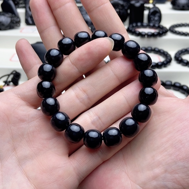 未镶嵌手链和田玉（墨玉）卡12精工老型手串高羊脂99墨